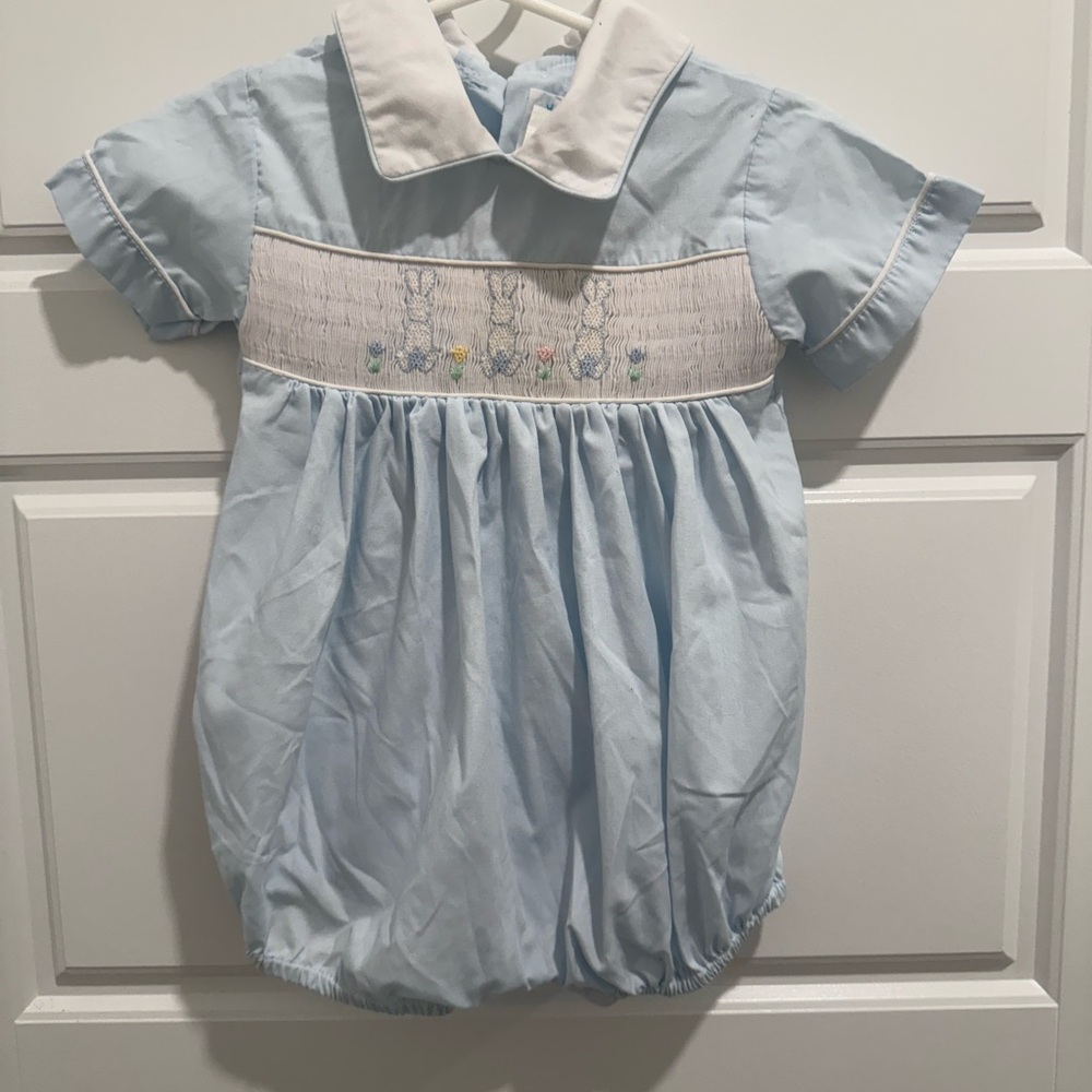 House of Hattan smocked Bubble bunny romper with Pastel Embroidery